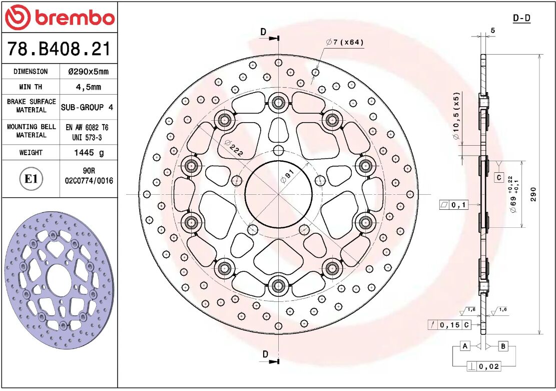 BREMBO BRAKE ROTOR FLOATING SERIE ORO 78B40821