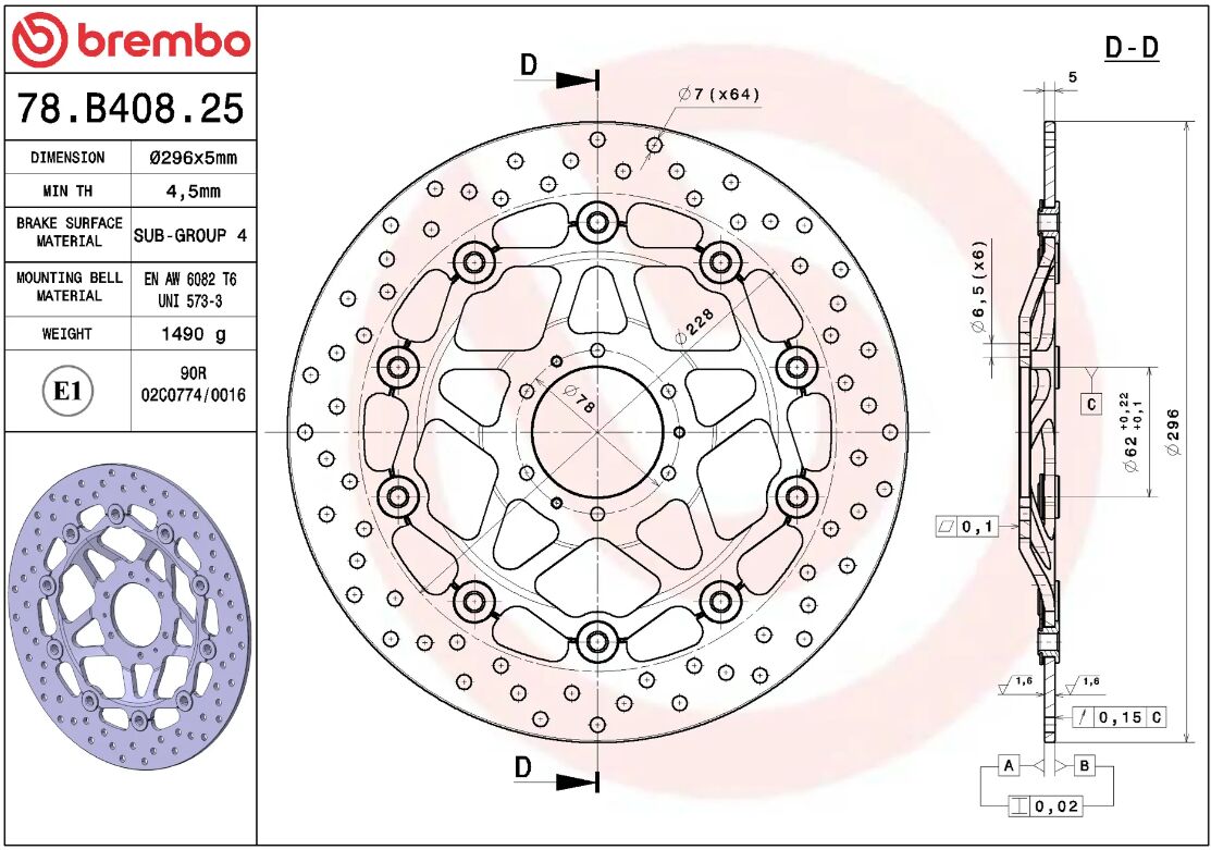 BREMBO BRAKE ROTOR FLOATING SERIE ORO 78B40825