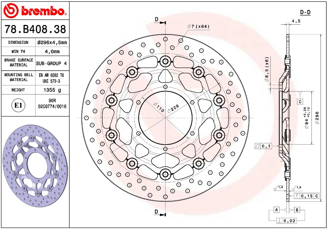 BREMBO BRAKE ROTOR FLOATING SERIE ORO 78B40838