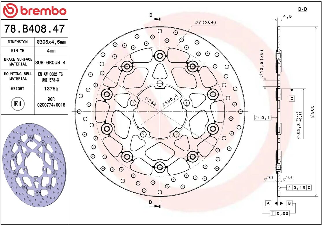BREMBO BRAKE ROTOR FLOATING SERIE ORO 78B40847