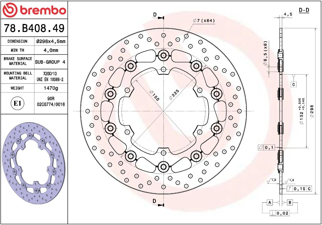BREMBO BRAKE ROTOR FLOATING SERIE ORO 78B40849