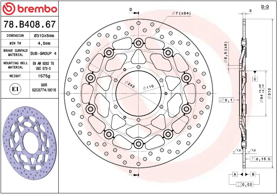 BREMBO BRAKE ROTOR FLOATING SERIE ORO 78B40867