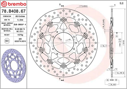 BREMBO BRAKE ROTOR FLOATING SERIE ORO 78B40867