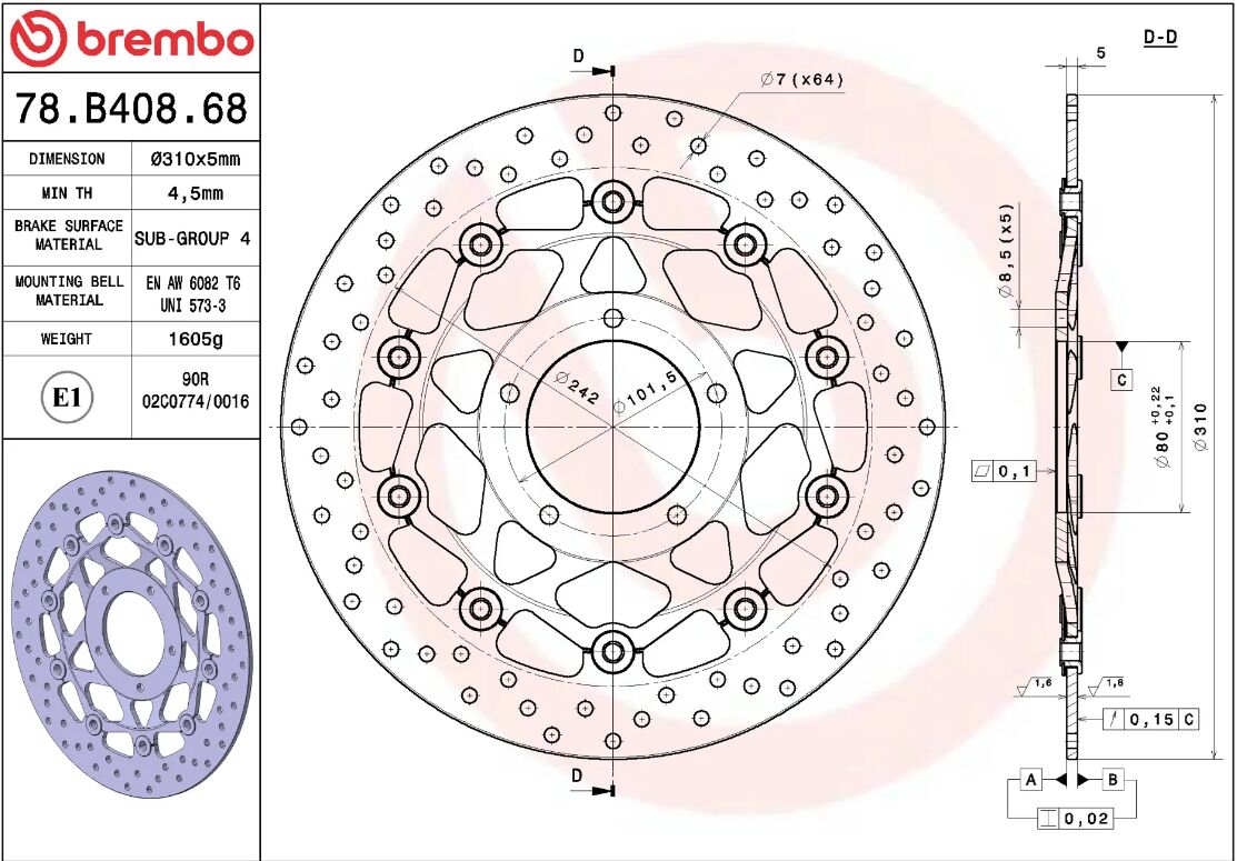 BREMBO BRAKE ROTOR FLOATING SERIE ORO 78B40868