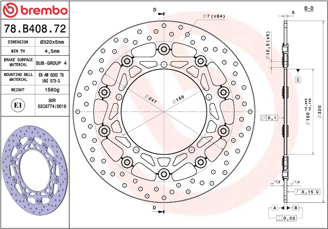 BREMBO BRAKE ROTOR FLOATING SERIE ORO 78B40872