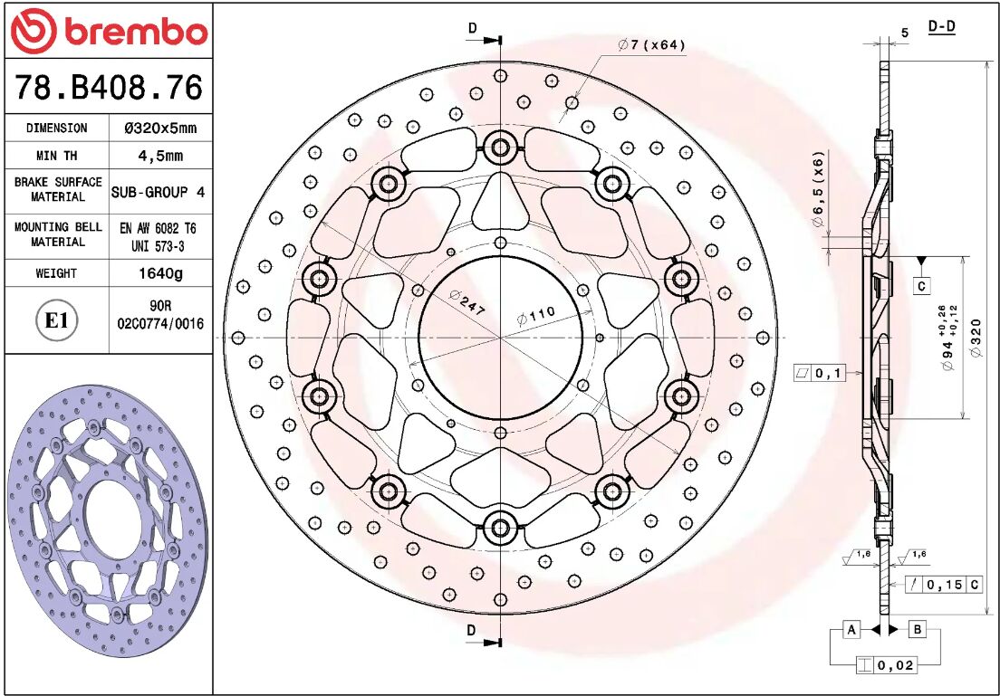 BREMBO BRAKE ROTOR FLOATING SERIE ORO 78B40876