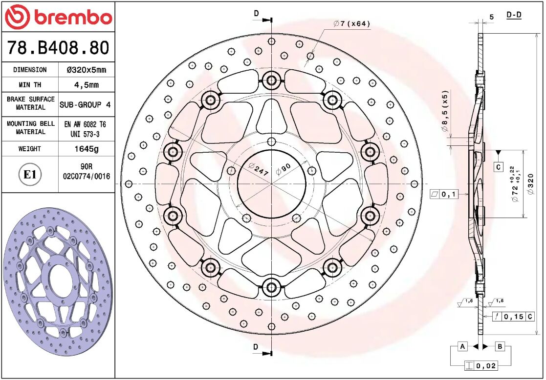 BREMBO BRAKE ROTOR FLOATING SERIE ORO 78B40880