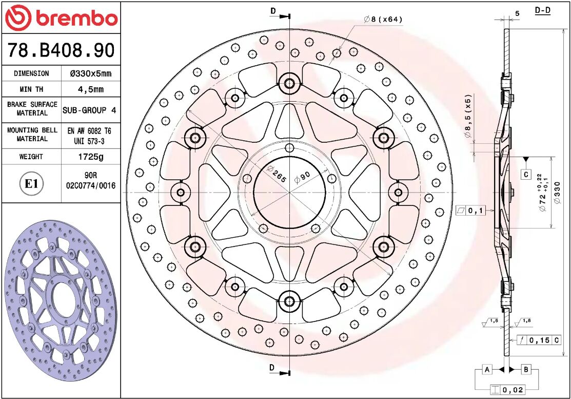 BREMBO BRAKE ROTOR FLOATING SERIE ORO 78B40890