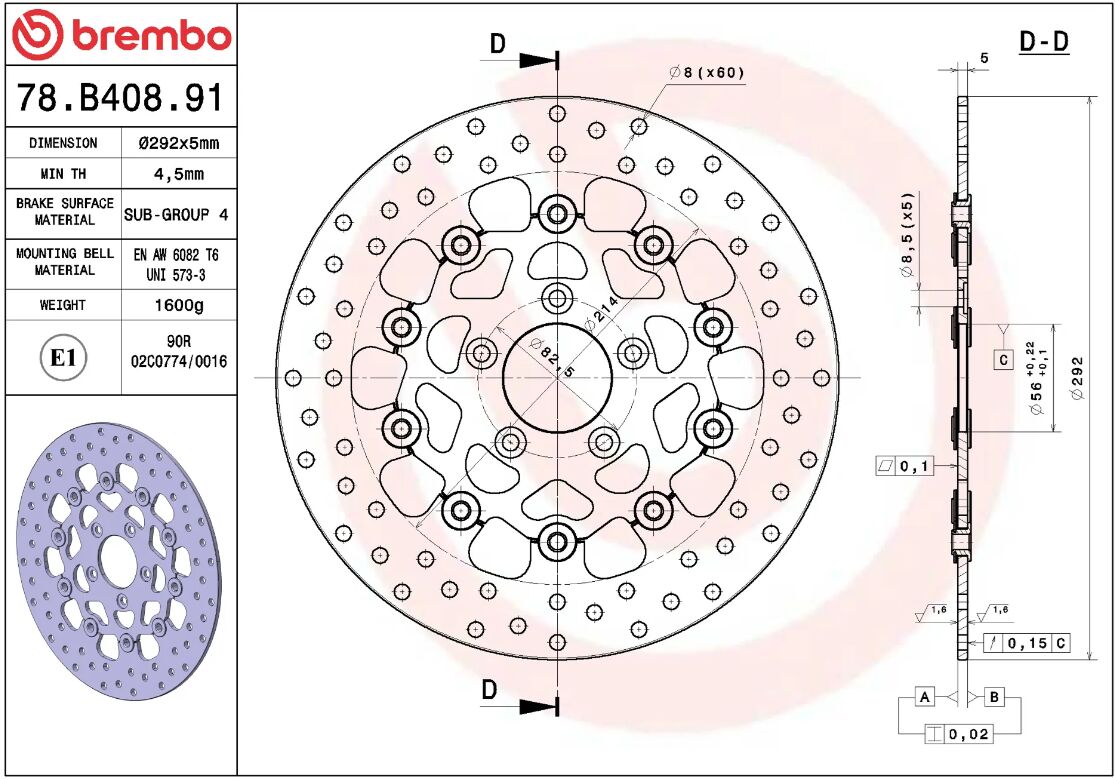 BREMBO BRAKE ROTOR FLOATING SERIE ORO 78B40891