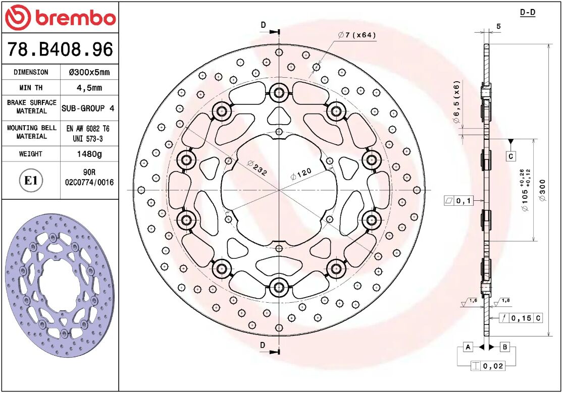 BREMBO BRAKE ROTOR FLOATING SERIE ORO 78B40896