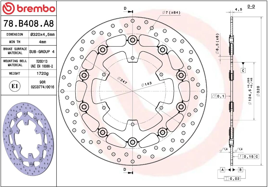 BREMBO BRAKE ROTOR FLOATING SERIE ORO 78B408A8