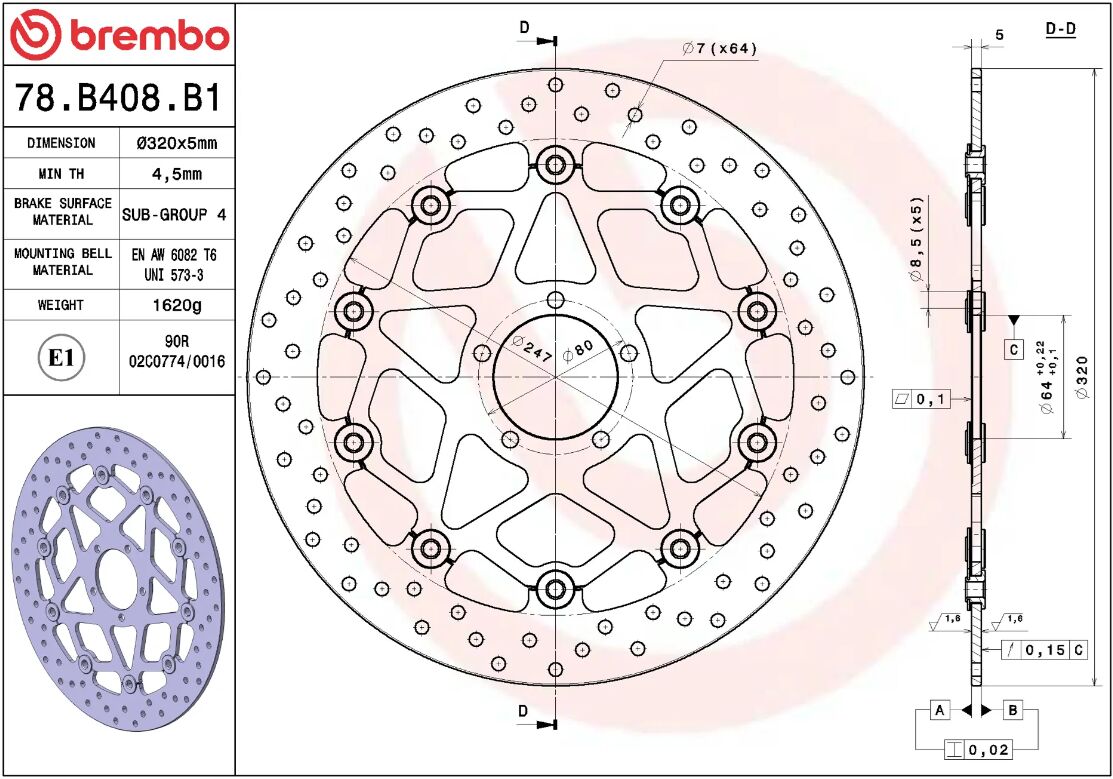 BREMBO BRAKE ROTOR FLOATING SERIE ORO 78B408B1