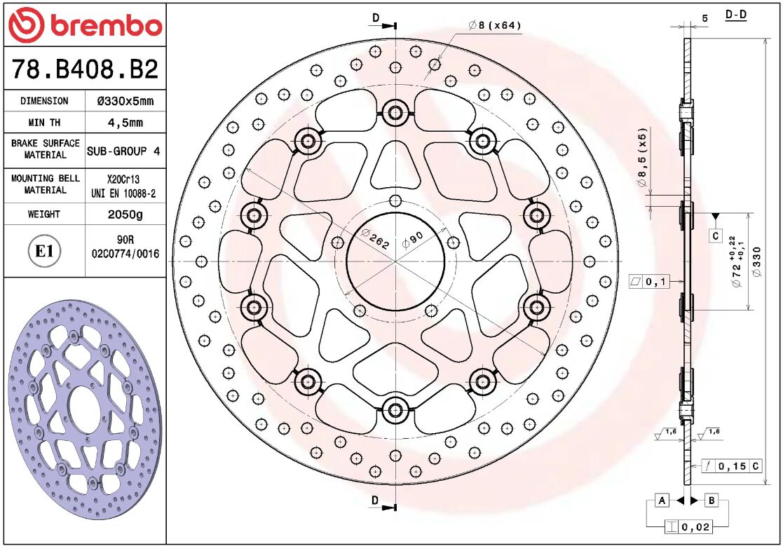 BREMBO BRAKE ROTOR FLOATING SERIE ORO 78B408B2
