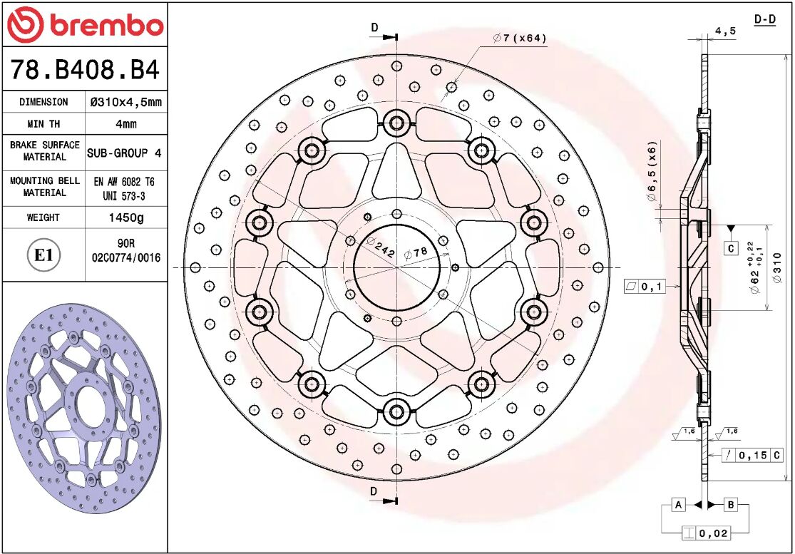 BREMBO BRAKE ROTOR FLOATING SERIE ORO 78B408B4
