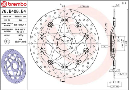 BREMBO BRAKE ROTOR FLOATING SERIE ORO 78B408B4