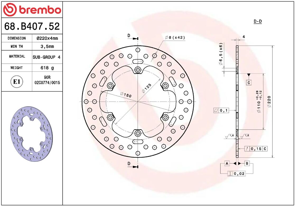 BREMBO BRAKE ROTOR FIXED SERIE ORO 68B40752