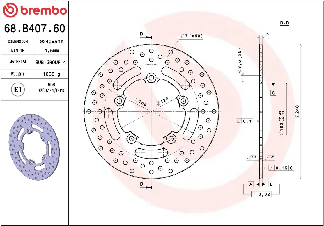 BREMBO BRAKE ROTOR FIXED SERIE ORO 68B40760