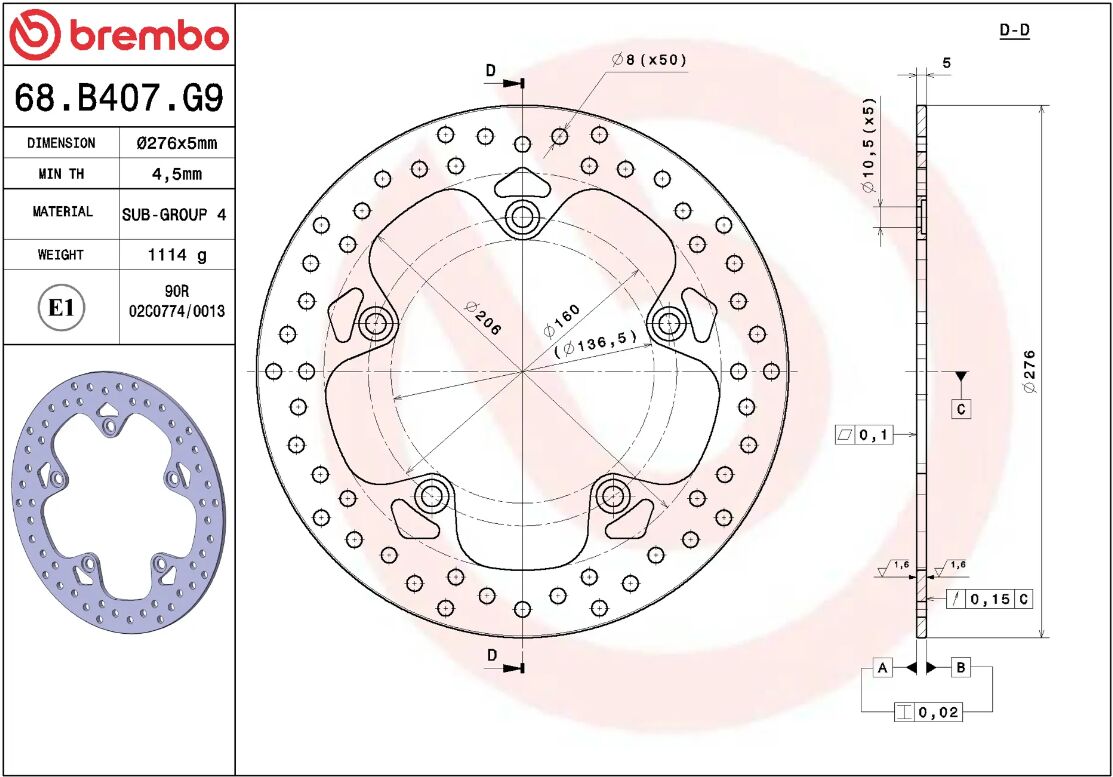 BREMBO BRAKE ROTOR FIXED SERIE ORO 68B407G9