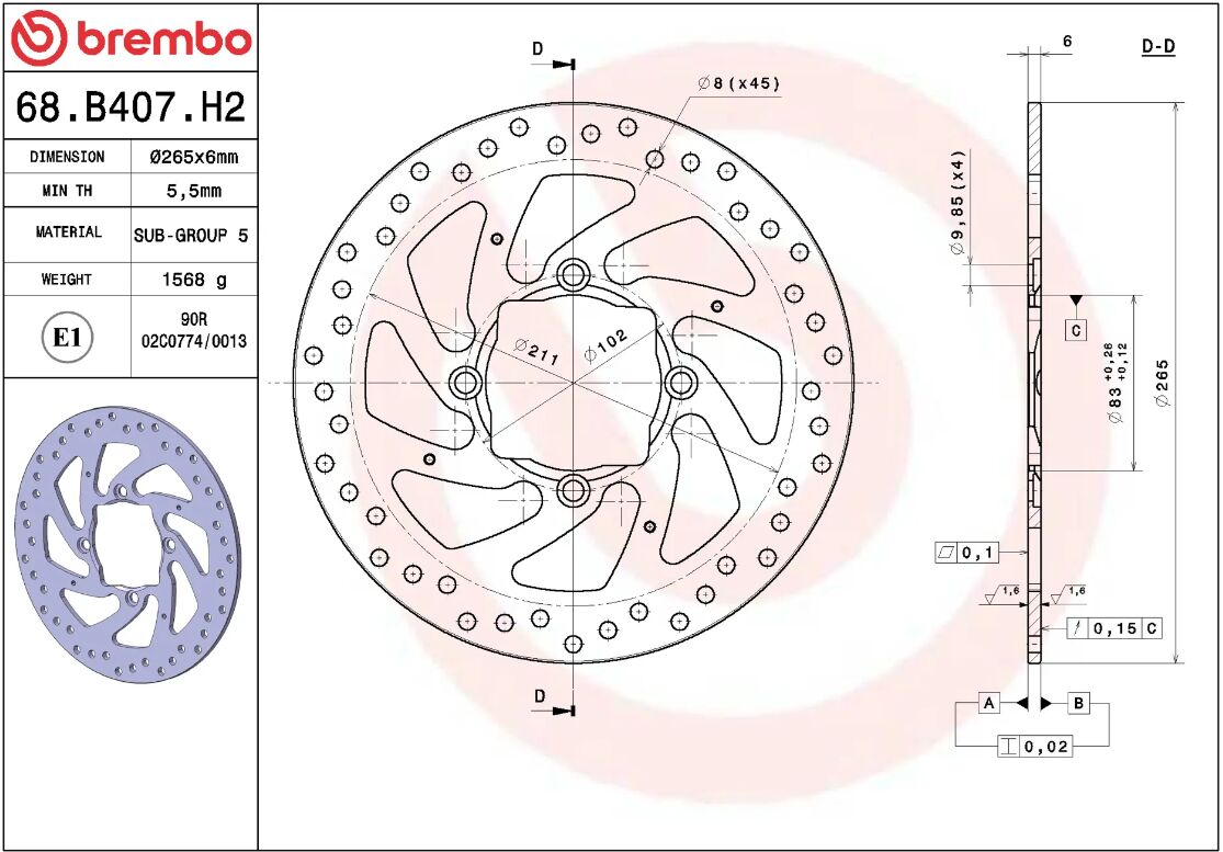 BREMBO BRAKE ROTOR FIXED SERIE ORO 68B407H2
