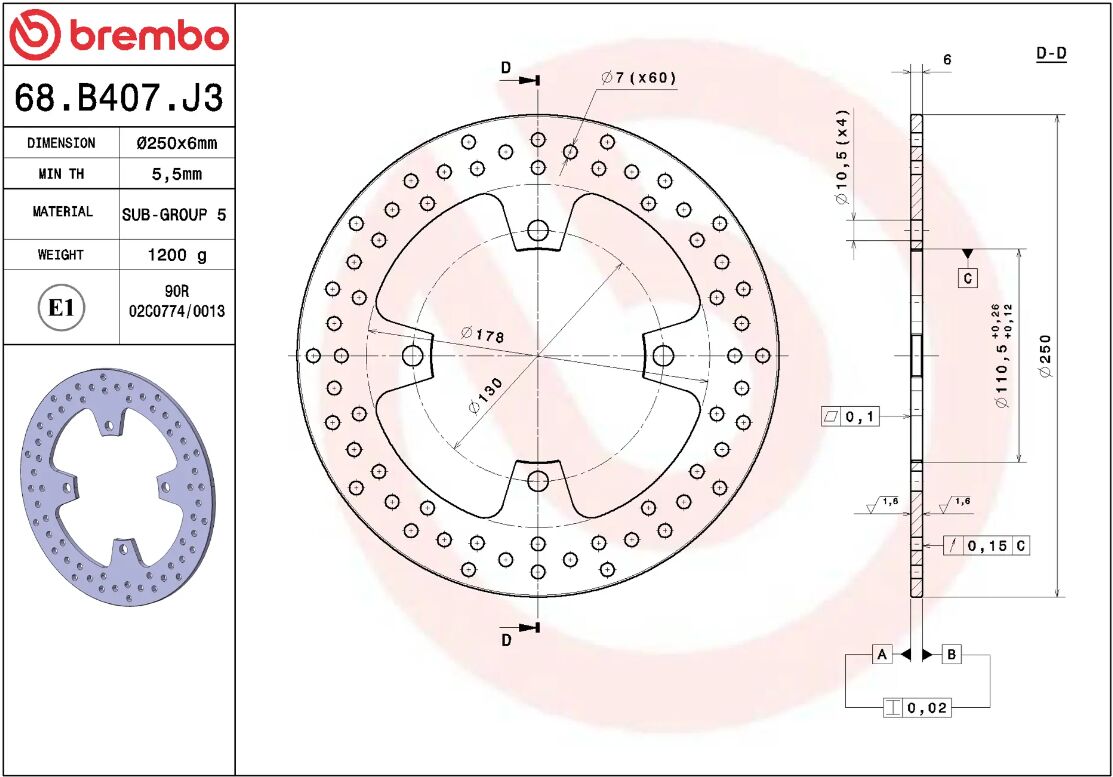 BREMBO BRAKE ROTOR FIXED SERIE ORO 68B407J3