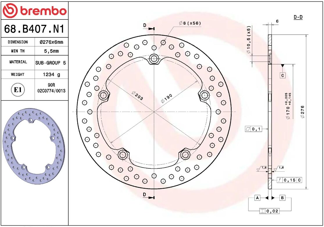 BREMBO BRAKE ROTOR FIXED SERIE ORO 68B407N1