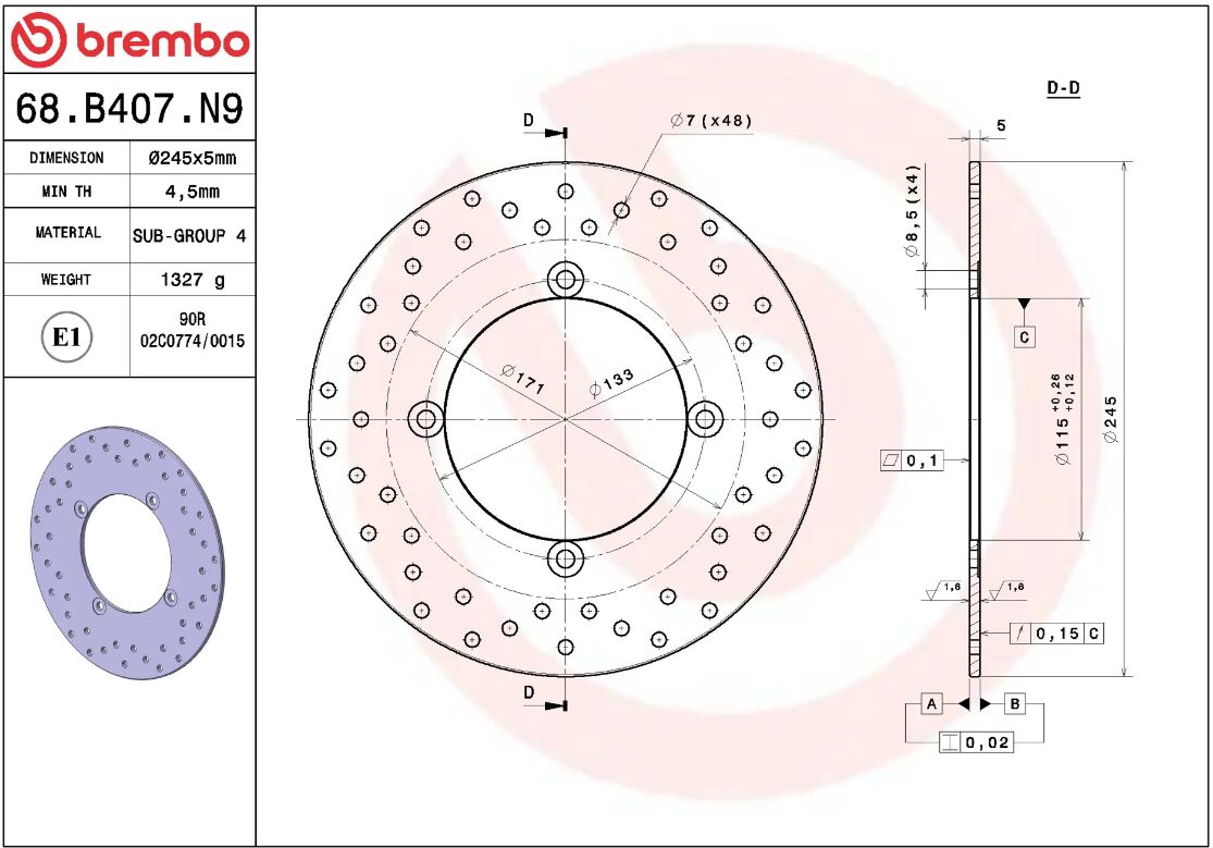 BREMBO BRAKE ROTOR FIXED SERIE ORO 68B407N9