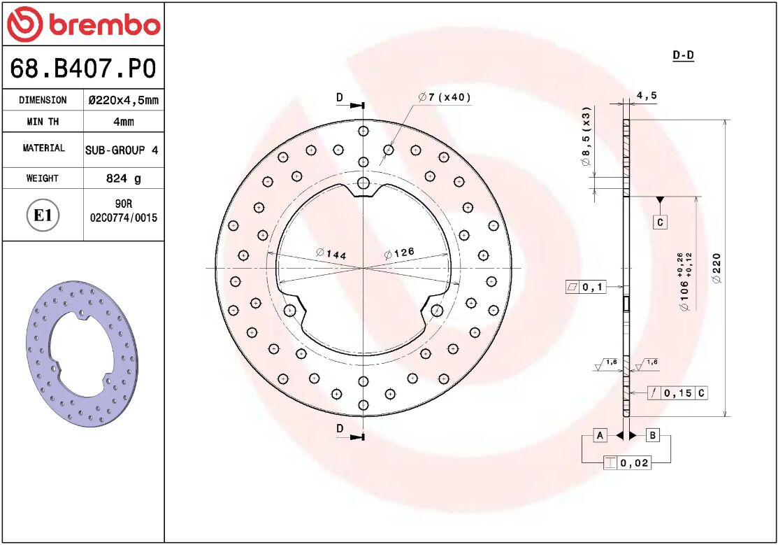 BREMBO BRAKE ROTOR FIXED SERIE ORO 68B407P0