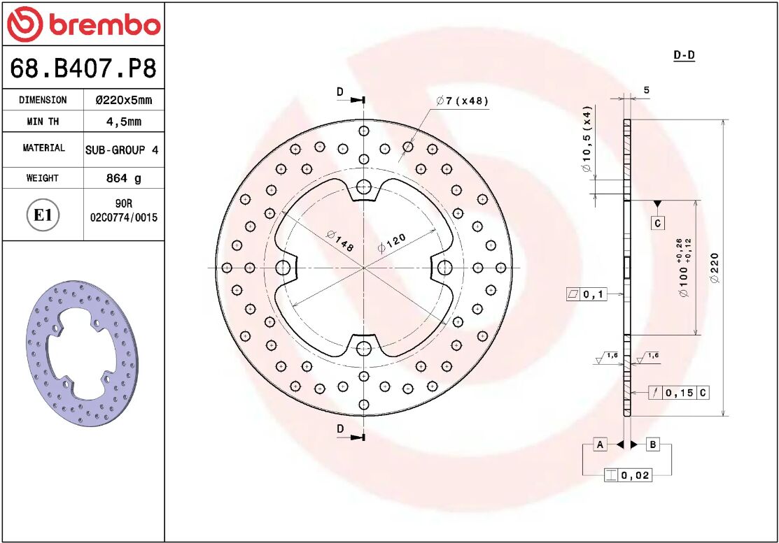 BREMBO BRAKE ROTOR FIXED SERIE ORO 68B407P8