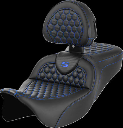 SADDLEMEN RoadSofaT Seat - Honeycomb - Blue Stitch - with Backrest 808-07B-189B1