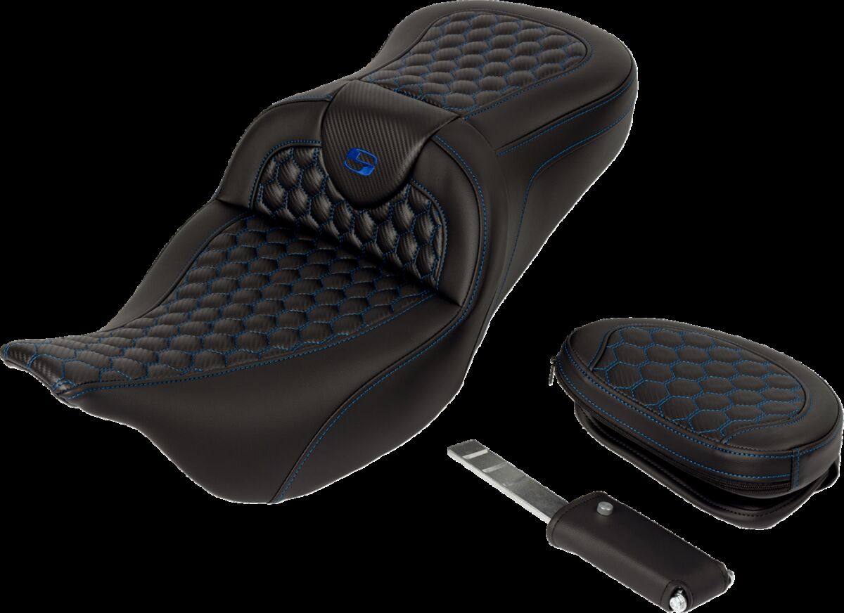 SADDLEMEN RoadSofaT Seat - Honeycomb - Blue Stitch - with Backrest 808-07B-189B1