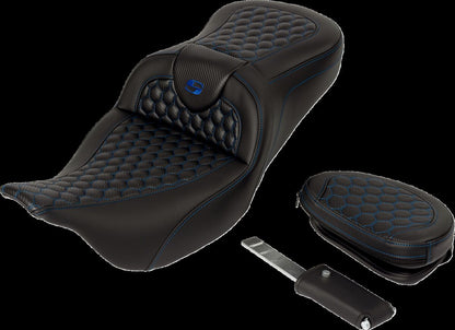 SADDLEMEN RoadSofaT Seat - Honeycomb - Blue Stitch - with Backrest 808-07B-189B1