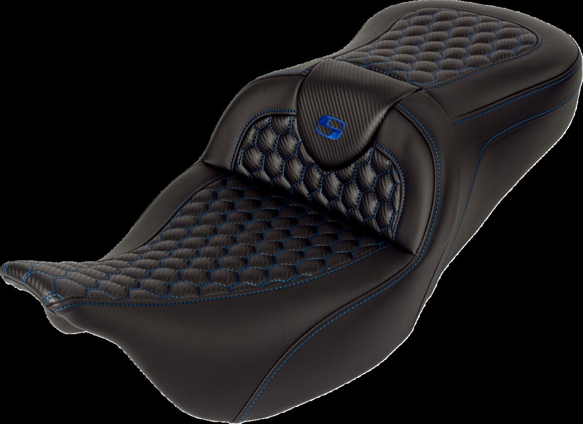 SADDLEMEN RoadSofaT Seat - Honeycomb - Blue Stitch - with Backrest 808-07B-189B1
