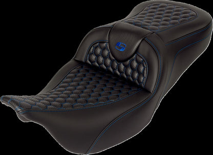 SADDLEMEN RoadSofaT Seat - Honeycomb - Blue Stitch - with Backrest 808-07B-189B1