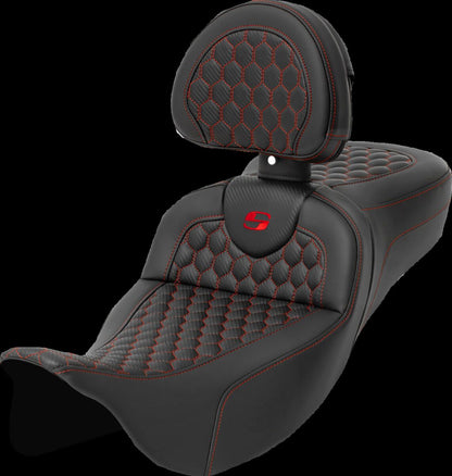 SADDLEMEN RoadSofaT Seat - Honeycomb - Red Stitch - with Backrest 808-07B-190B4