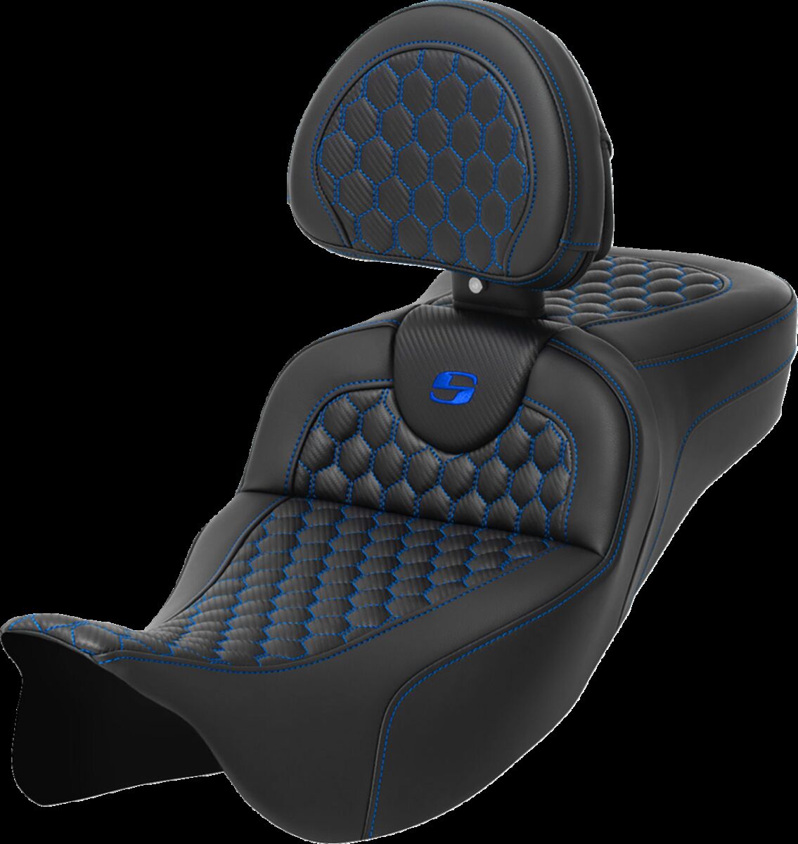 SADDLEMEN RoadSofaT Seat - Honeycomb - Blue Stitch - with Backrest 808-07B-190B1