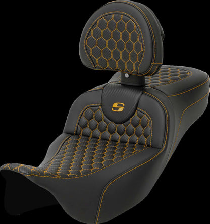 SADDLEMEN RoadSofaT Seat - Honeycomb - Gold Stitch - with Backrest 808-07B-190B7