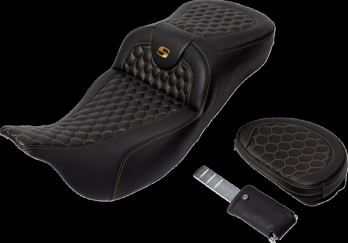 SADDLEMEN RoadSofaT Seat - Honeycomb - Gold Stitch - with Backrest 808-07B-190B7