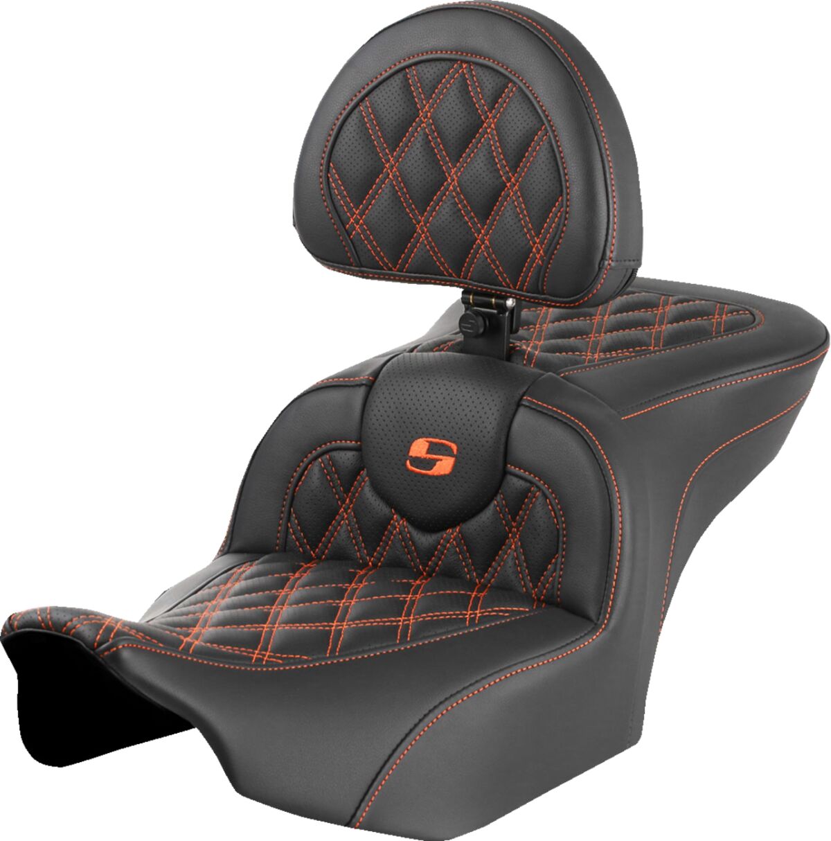 SADDLEMEN RoadSofaT Seat - with Backrest - Lattice Stitch - Orange Stitch 823-07-182B3