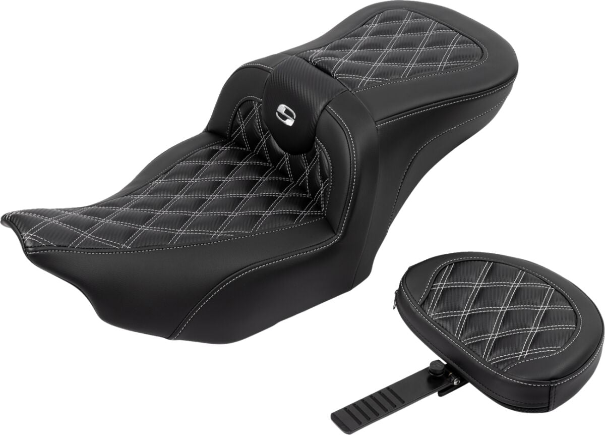 SADDLEMEN RoadSofaT Seat - with Backrest - Carbon Fiber - Silver Stitch 823-07-206B5