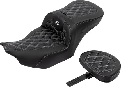 SADDLEMEN RoadSofaT Seat - with Backrest - Carbon Fiber - Silver Stitch 823-07-206B5