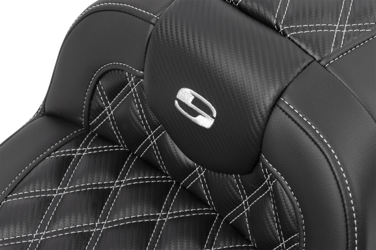 SADDLEMEN RoadSofaT Seat - with Backrest - Carbon Fiber - Silver Stitch 823-07-206B5