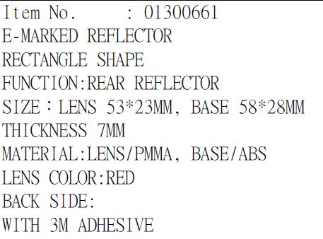 PARTS EUROPE REFLECTOR 3M E-MARKED RD 01300661