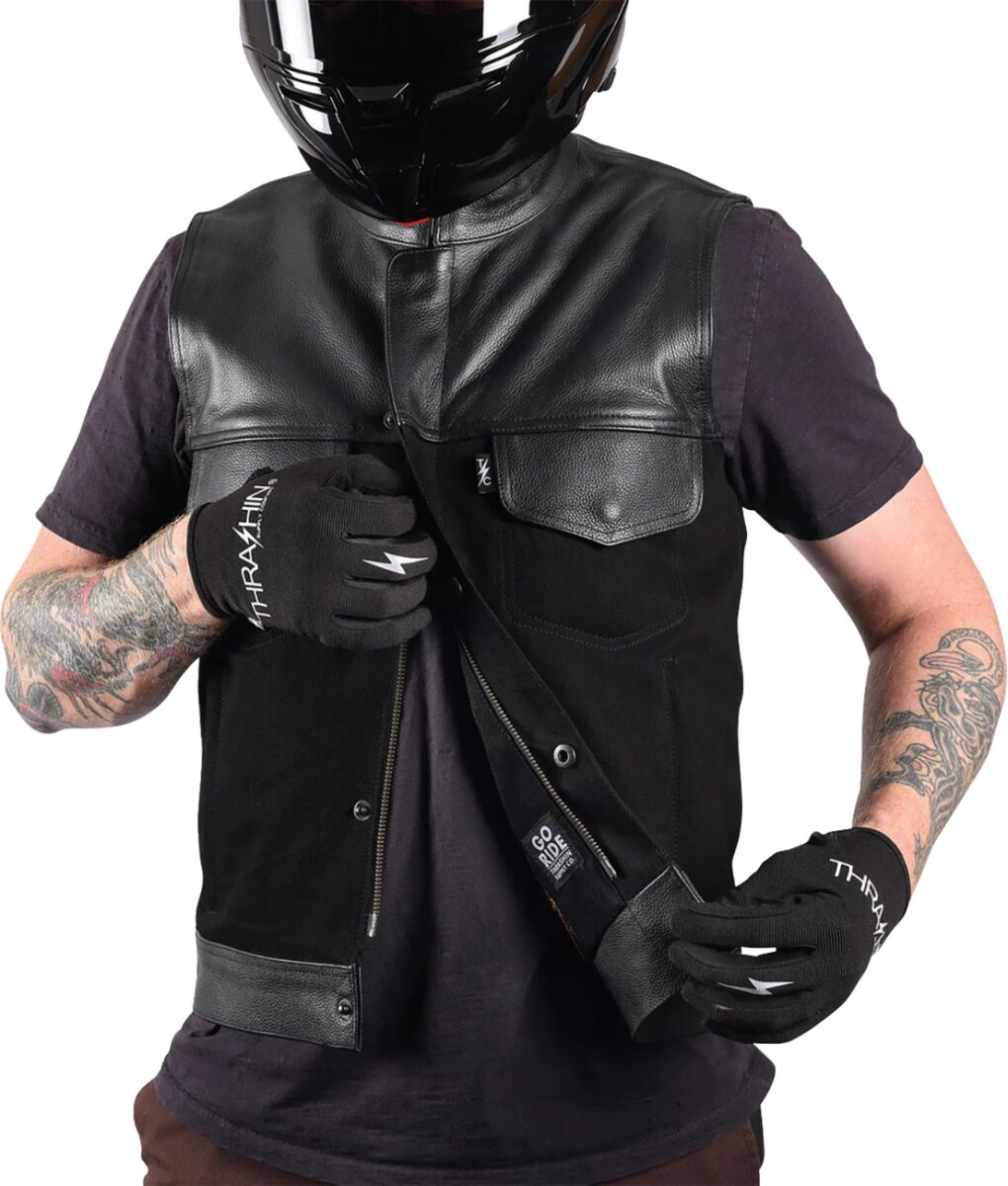 THRASHIN SUPPLY CO VEST KANAN LEATHER DENIM SMALL TMJ-13-08