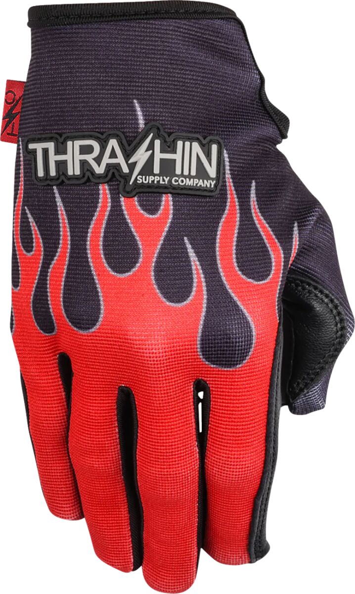 THRASHIN SUPPLY CO GLOVE FLAME STEALTH LEATHER PALM RED MEDIUM SV1-21-09