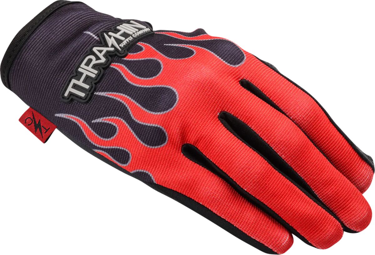 THRASHIN SUPPLY CO GLOVE FLAME STEALTH LEATHER PALM RED MEDIUM SV1-21-09