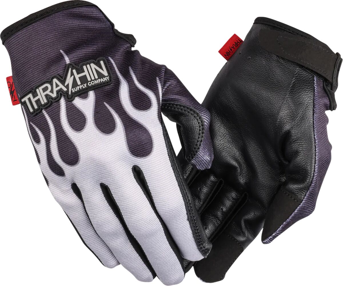 THRASHIN SUPPLY CO GLOVE FLAME STEALTH LEATHER PALM GRAY SMALL SV1-22-08