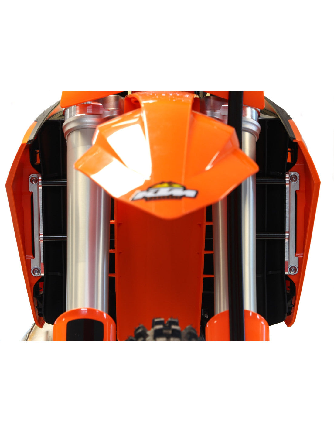 Vue de face des renforts de radiateurs en aluminium avec entretoises noires pour KTM, Husqvarna et GasGas