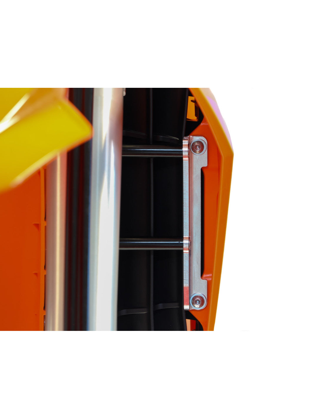 Right side of the aluminum radiator braces with black spacers for KTM, Husqvarna and GasGas