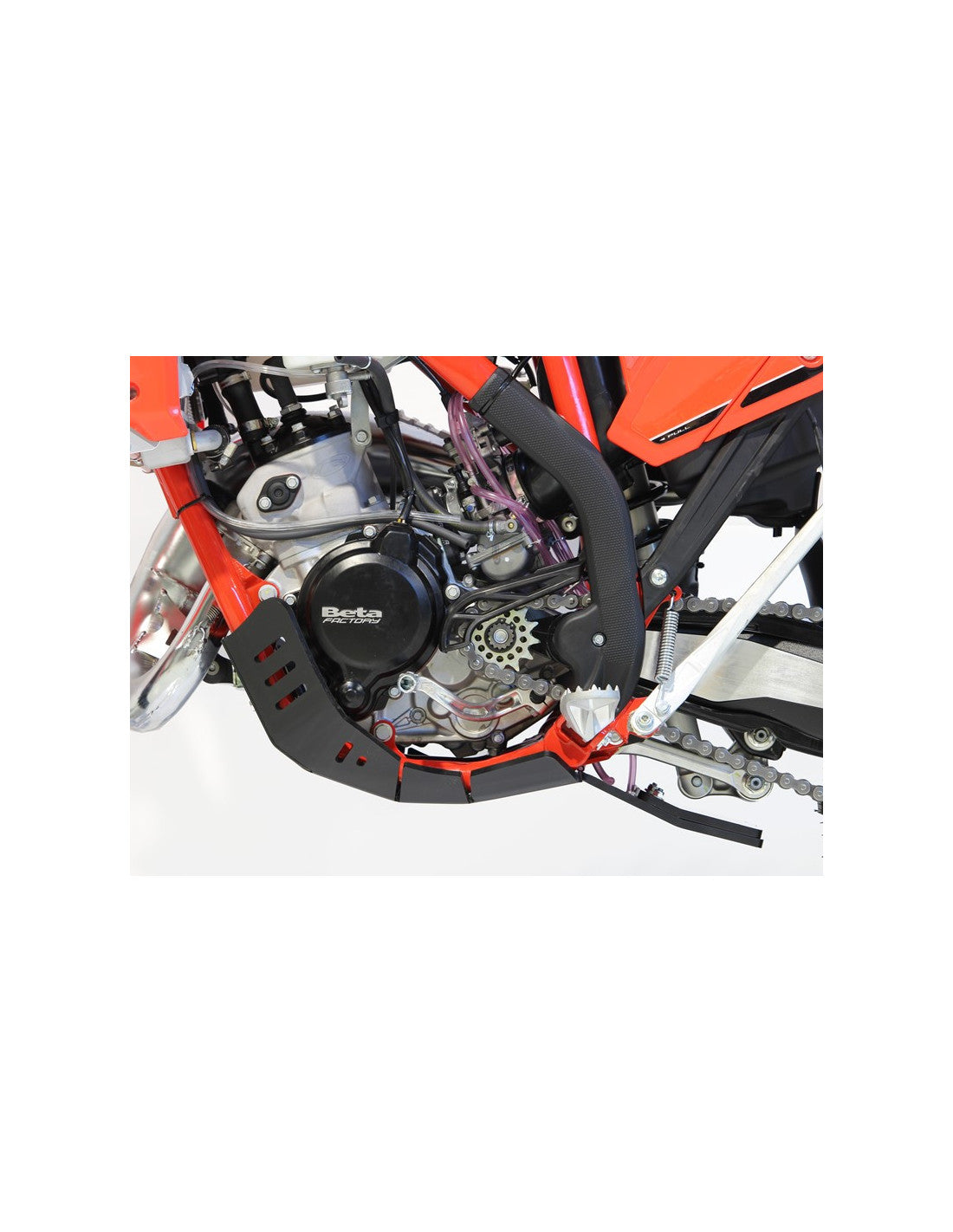 Left side of the black HDPE plastic skid plate with linkage guard for Beta 125RR - 200RR