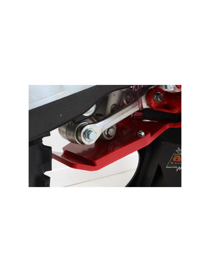 Close up view of the linkage guard of the red HDPE plastic skid plate for Beta 250RR - 300RR